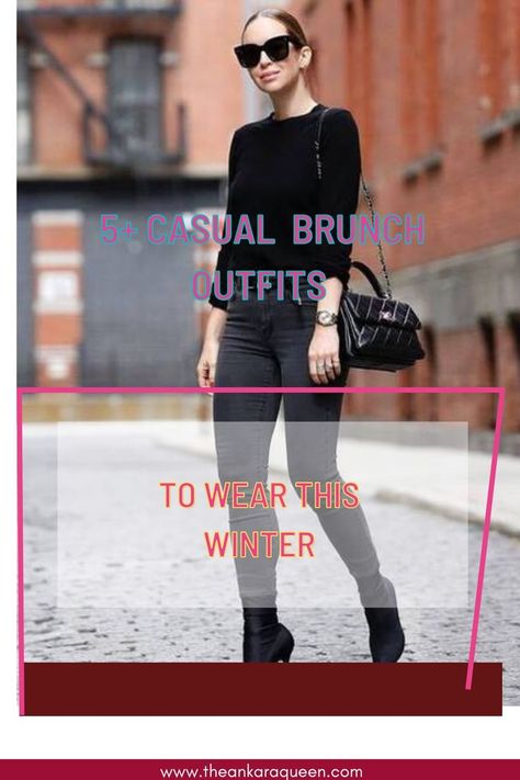 A slim white woman with slicked back hair wears a black crew neck with black skinny jeans and black ankle boots. She carries a black shoulder purse and wears black sunglasses. Simple And Classy Outfits, Simple Brunch Outfits, Boots With Straight Leg Jeans, Outfit Ideas For Midsize, Outfit Ideas For Midsize Women, Winter Brunch Outfits, Midsize Women, Simple Brunch, Brunch Outfit Ideas