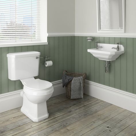 GREEN BATHROOM IDEAS – Green is like blue. Many love the colours despite the fact they don’t belong to the neutral colour category. Plenty of positive... Bathroom Wainscoting Ideas, Cloakroom Suites, Cloakroom Toilet, Downstairs Cloakroom, Small Downstairs Toilet, Toilet Room Decor, Cloakroom Basin, Small Toilet Room, Toilet Room