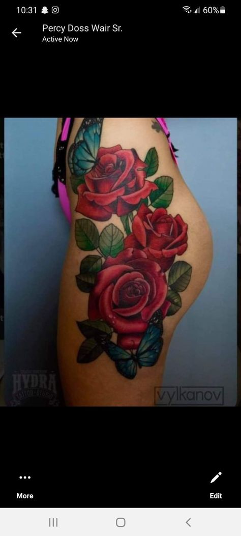 Thigh Tattoos Women With Color, Red Thigh Tattoos Women, Thigh Sleeve Tattoo, Coloured Rose Tattoo, Rose Tattoo Leg, Flower Neck Tattoo, Red Flower Tattoos, Side Thigh Tattoos, Rose Tattoo Thigh