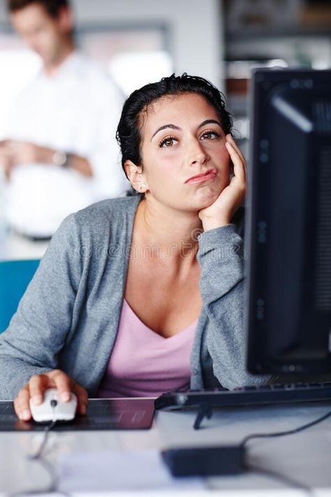 This work is so boring....A bored young businesswoman frowning with a hand on her cheek. royalty free stock image Hand On Check Reference, Hand In Cheek Pose, Hand Resting On Cheek Reference, Bored Person Reference, Hand Cupping Cheek Reference, Chin Resting On Hand Pose, Resting Face On Hand Reference, Person Resting Head On Hand, Hand On Cheek Pose