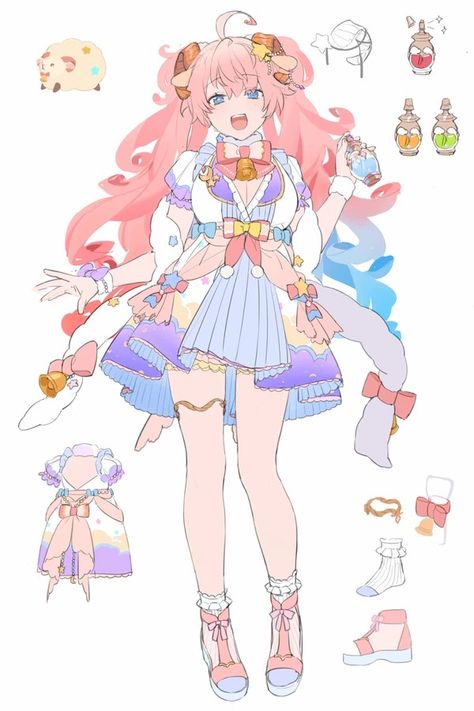 Pink Sheep, Girl With Pink Hair, Artwork Gallery, Make A Character, Anime Poses Reference, Art Block, Anime Poses, Design Reference, Cute Characters