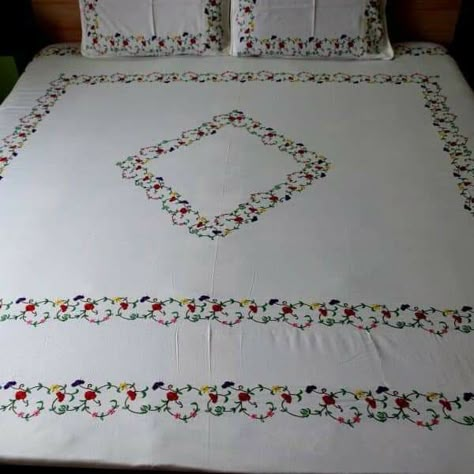 Bad Sheet Hand Work Design, Hand Embroidery Designs For Bedsheets, Embroidery Bedsheets Design, Bedsheet Embroidery Design, Bedsheet Embroidery, Backboards For Beds, Hand Embroidered Bedspread, Handmade Bed Sheets, Bedsheet Design