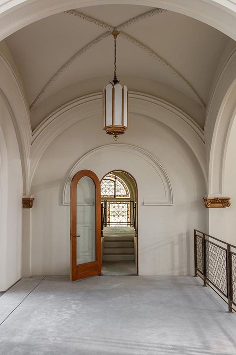 A neo-romanesque church in San Francisco is home to the new Carpenters Workshop Gallery | While San Francisco’s identity is inextricably linked with technologyand forward motion, the recent addition to the art landscape nods at the city’s historic cultural identity with its classical space, one full of up-to-the-moment design #church #interiors Church Building Design, Church Conversions, Carpenters Workshop, Church Interior Design, Classical Interior, Romanesque Architecture, Church Interior, Cultural Architecture, Church Design