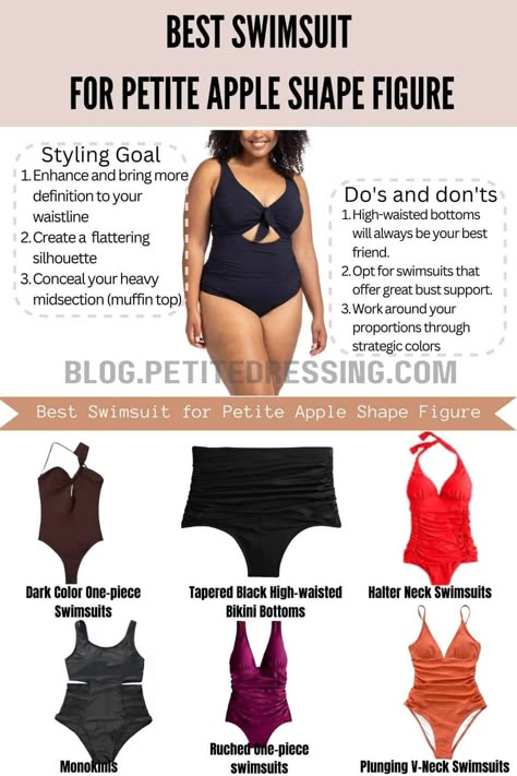 Apple Shape Bathing Suit, Apple Shape Swimwear, Bathing Suits For Petite Women, Bathing Suit For Body Type Pear, Petite Apple Body Shape Outfits, Petite Apple Shape, How To Style An Apple Body Shape, Styling An Apple Shape, Body Shaping Swimwear