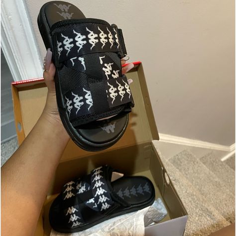 Black Kappa Slides, Small Shoe Collection, Kappa Slides, Kappa Shoes, Funny Certificates, Silly Clothes, Bling Sandals, Back To School Shoes, Trendy Shoes Sneakers