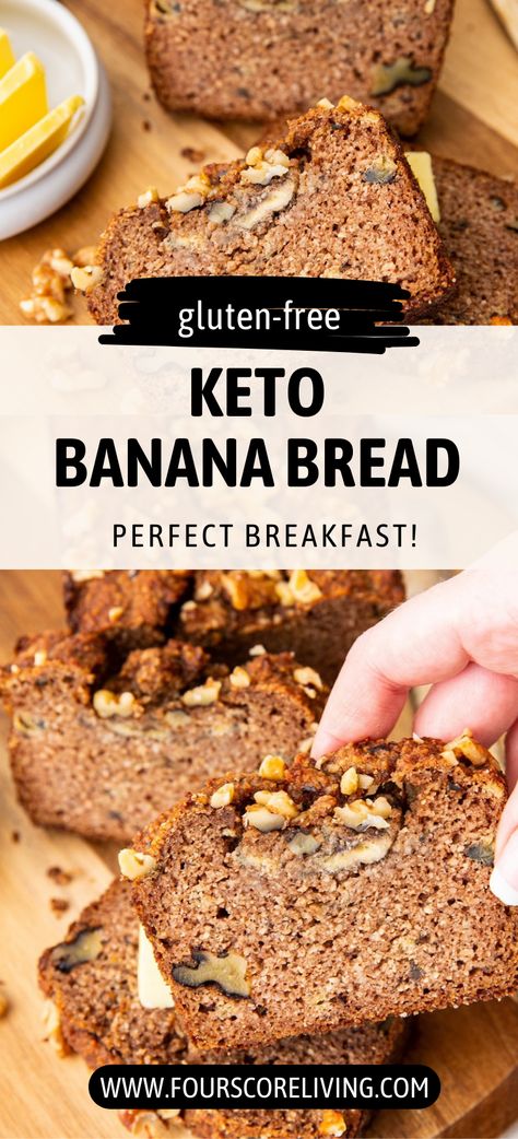 Finally! A sweet and delicious keto banana bread recipe. This keto banana bread recipe has tons of banana flavor, chopped nuts, and a tender crumb. Give it a try! And go check out our Keto Comfort Food board for more recipes like this. Banana Bread Recipe Low Carb, Keto Banana Nut Bread, Keto Banana Bread Recipe, Protein Sweets, Keto Comfort Food, Keto Banana, Keto Banana Bread, Sugar Free Treats, Banana Nut Bread