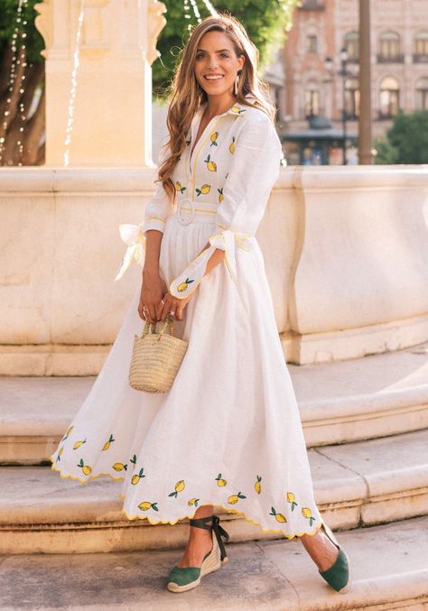 7.18 lemon print in seville (Gul Hurgel lemon-embroidered dress + Castaner espadrilles + Anthropologie earrings) Lemon Maxi Dress, Lemon Dress Outfit, Espadrilles Outfit Dress, Castaner Espadrilles Outfit, Espadrilles Outfit Summer, Gul Hurgel, Espadrilles Outfit, Italy Wedding Guest Outfit, Italy Wedding Guest