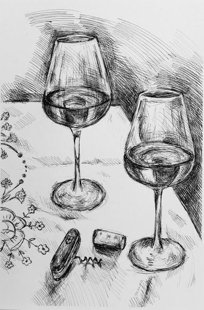 Wine Glass Pencil Sketch, Drawing Wine Glasses, Wine Glass Drawing Reference, Glassware Drawing, Wine Glass Drawing Simple, Wine Drawing Sketches, Wine Glasses Drawing, Glass Of Wine Drawing, Wine Art Drawing