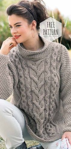 Crochet Turtle Neck, Free Aran Knitting Patterns, Sweater Free Pattern, Cable Knit Sweater Pattern, Aran Sweaters, Free Knitting Patterns For Women, Ladies Knitting Patterns, Knit Summer Dress, Advanced Knitting