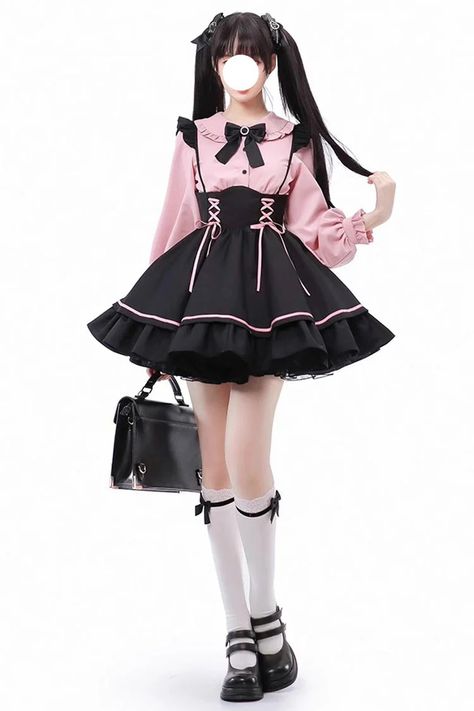 Fabric: Polyester Color: Black/Pink Sleeve Length: Long Sleeves Feature: Multi-layer, Lace-Up Style: Sweet, Jirai Kei, Japanese Include: Skirt*1, Blouse*1 Size Jira Kei, Landmine Style, Jirai Kei Fashion, Girly Kei, Black Kawaii, Goth Kawaii, Chemise Rose, Black Suspenders, Kei Fashion