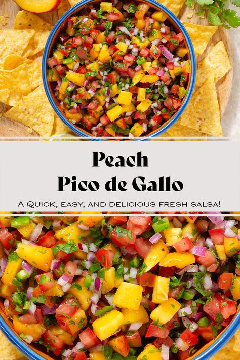 This Peach Pico de Gallo is refreshing, flavorful, and ready in less than 15 minutes! You only need 8 very simple ingredients and you can easily double it for a big party! It's great served with chips, in tacos or burrito bowls, and so much more! It doesn't involve any cooking so it's perfect for the summer! It's foolproof and always a hit. Peach Banana Smoothie, Fresh Peach Recipes, Lemon Smoothie, Breakfast Appetizers, Peach Salsa, Burrito Bowls, Spinach Smoothie, Summer Appetizer, Fresh Salsa