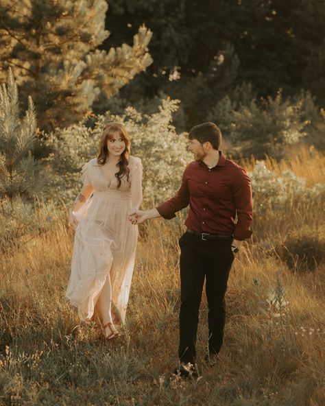 a couple walking in a field with female in cream flowy dress and male in black pants and maroon button up. it is sunset golden hour lighting all around them and they are holding hands and smiling at each other. Golden Hour Field Photoshoot Couple, Golden Hour Couples Shoot Field, Natural Poses, Edited Photos, Poses Couple, Couple Picture, Birthday Shoot, Couple Picture Poses, Summer Memories