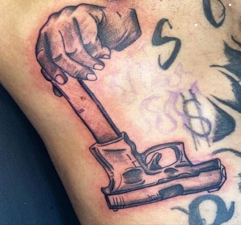 Loyalty Tattoo For Men Forearm, Thy Tattoos For Guys, Hood Tattoo Ideas For Men, Shh Finger Tattoo, Small Hood Tattoos, Small Hood Tattoo For Men, Hood Tattoos For Men Arm, Trap House Tattoo, Gangster Tattoo Ideas