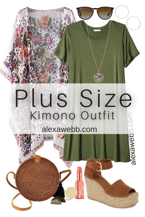 Plus Size Beach Vacation Outfits with a t-shirt dress, boho kimono, straw rattan crossbody, and platform espadrilles - Alexa Webb Plus Size City Break Outfit, Plus Resort Wear, Plus Size Outfits For Hawaii Vacation, Plus Size Beach Vacation Outfits, Plus Size Resort Wear Outfits, Plus Size Beach Outfits Vacations, Resort Casual Attire Women, Outfits With Denim Shorts, European Vacation Outfits