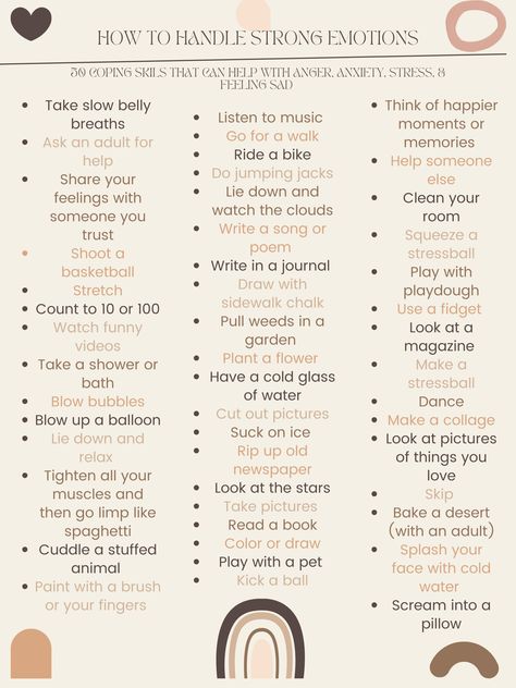 Coping and grounding skills chart to aid in dealing with strong emotions in a healthy manner. Increase positive behavior choices through identifying various activities to promote self and co-regulation. Co Regulation, Positive Coping Skills, Therapeutic Worksheets, Staying Grounded, Coping Skills Activities, Healthy Coping Skills, Mental Health Activities, Strong Emotions, Healing Journaling