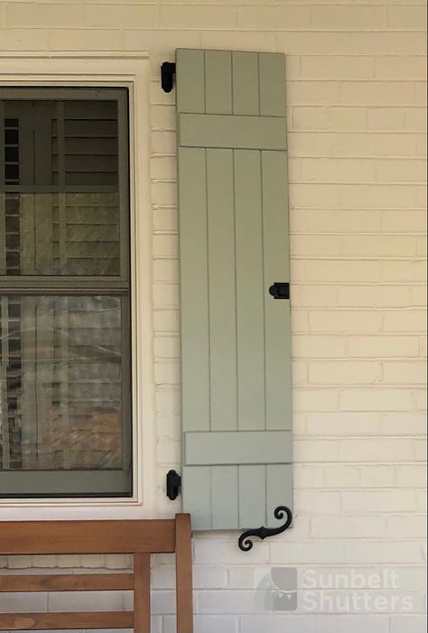 Board and Batten with matching hardware is perfect for any home exterior looking for a farmhouse or antique style. #sunbeltshutters #shutters #exteriordesignhome #farmhouseideas Shutters Or No Shutters, Country Shutters, Cottage Shutters, Rustic Style Home, Types Of Shutters, Decorative Shutters, French Country Exterior, Outdoor Shutters, Window Shutters Exterior