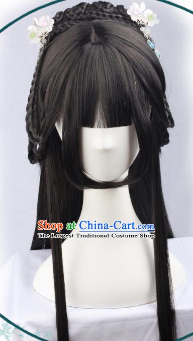 Handmade Chinese Traditional Princess Hanfu Blunt Bangs Black Wigs Sheath Ancient Nobility Lady Chignon for Women Chinese Traditional Accessories, Princess Bangs, Princess Hanfu, Black Lace Wig, Ancient Chinese Hairstyles, Black Wigs, Stylish Short Hair, Chinese Hair Accessories, Chinese Hair