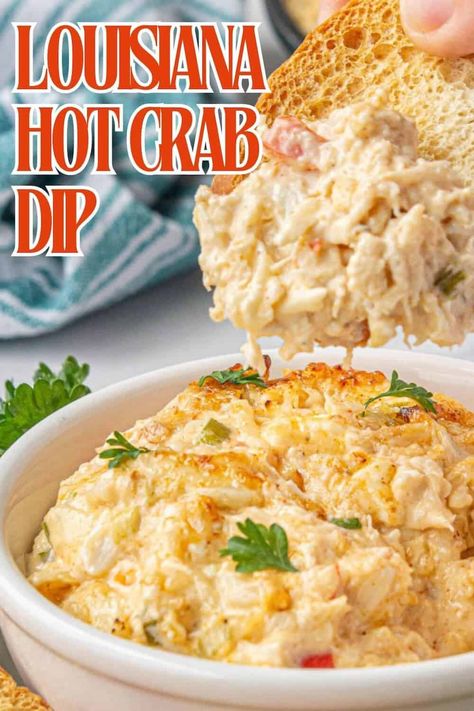 Dive into Louisiana Hot Crab Dip! This cheesy, rich, creamy dip is baked until hot and bubbly, it's the ultimate indulgence. Buffalo Crab Dip Recipe, Louisiana Hot Crab Dip, Hot Crab Dip Crockpot, Lobster Queso Dip, Hot Seafood Dip, Crockpot Crab Dip, Cheesy Crab Dip, Crab Dip Recipe Cold, Warm Crab Dip