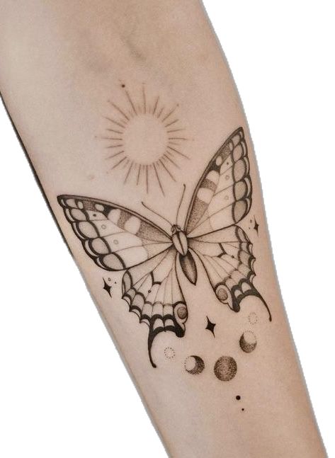 #butterfly #moontattoo #butterflytattoo #blackandgreytattoo #finelinetattoo #ideas #inspiration #tattoo #tattooideas #tattoosforwomen #tattoomodel #tattoofemale Old World Swallowtail Tattoo, Sun Butterfly Tattoo, 2 Butterflies Tattoo, Butterfly And Moth Tattoo, Moon Butterfly Tattoo, Swallowtail Butterfly Tattoo, Moon Moth, Inspiration Tattoo, Moth Tattoo