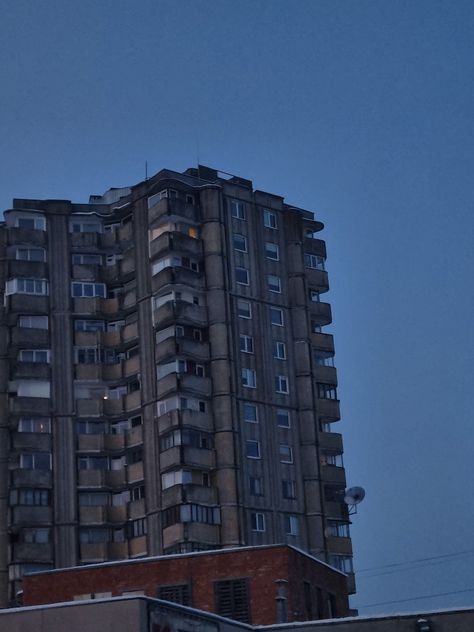 Depression, post soviet, late evening, winter, aesthetic, eastern Europe, blue winter. Eastern Europe Apartment, Eastern Europe Aesthetic, Grey Aura, Apartment Exterior Design, Europe Buildings, Doomer Aesthetic, Apartment Exterior, Apartment Vibes, Europe Aesthetic