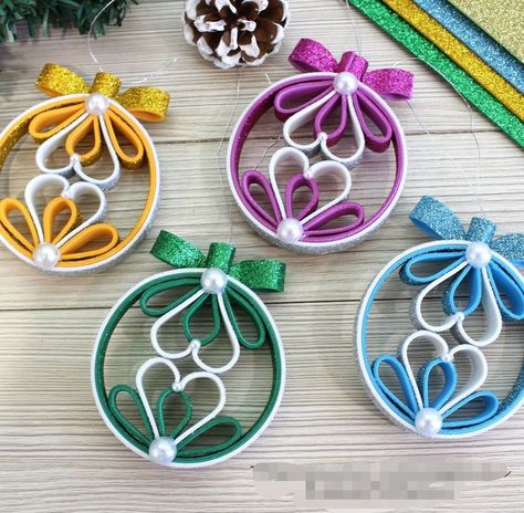 Christmas Ribbon Crafts Ideas, Glitter Foam Christmas Ornaments, Foam Ornaments, Foam Christmas Ornaments, Foam Sheet Crafts, Christmas Decorations Diy, Quilling Christmas, Quilled Creations, Christmas Craft Projects