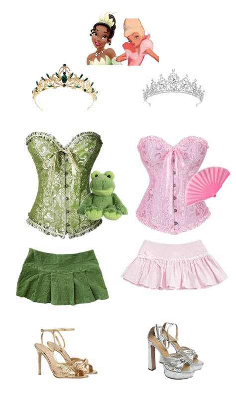 Bambi And Flower Costume, Tina And Lottie Costume, Princess In The Frog Halloween Costume, Halloween Costumes Princess And The Frog, Princess Tiana Corset, Princess And The Frog Group Costume, Halloween Y2k Costumes, Princess Lottie Costume, Lottie And Tiana Halloween Costume