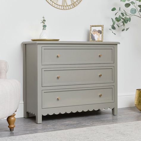 Chest Of Drawers Bedroom Ideas, Scallop Furniture, Chest Of Drawers Decor, Mirrored Bedroom Furniture, Chest Of Drawer, Classy Living Room, Whimsical Furniture, Warm Taupe, Nursery Room Design