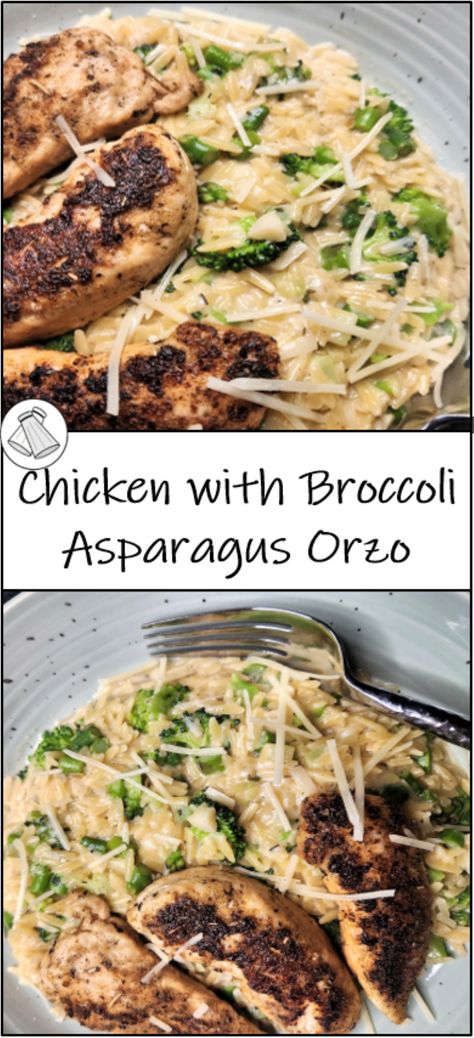 This chicken with broccoli and asparagus orzo recipe is amazing! It's light and flavorful and the perfect meal following a long day. Chicken Broccoli Asparagus, Chicken Rice And Asparagus Recipes, Chicken Asparagus Orzo, Rice And Asparagus Recipe, Asparagus Orzo, Garlic Basil Chicken, Chicken With Broccoli, Chicken Broccoli Cheese, Orzo Recipe