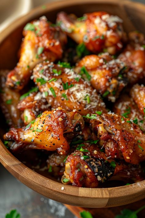 Wooden bowl filled with glazed chicken wings garnished with chopped parsley and grated cheese. Spicy Garlic Parmesan Wings, Best Buffalo Wings, Wings Appetizers, Crispy Baked Chicken Wings Recipe, Garlic Parmesan Wings, Parmesan Chicken Wings, Garlic Parmesan Chicken Wings, Baked Wings, American Foods