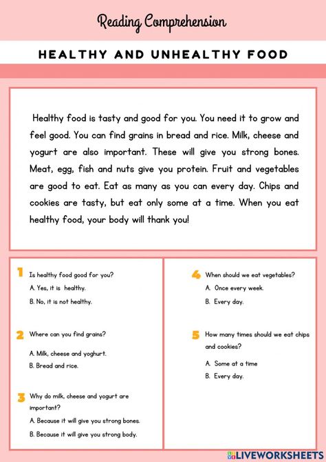 Healthy And Unhealthy Food Worksheet, Food And Nutrition Activities, Healthy Food Essay, Punctuation Worksheets, What Is Energy, Healthy And Unhealthy Food, English Quiz, Lesson Activities, Short Passage