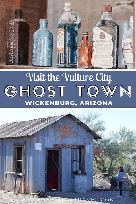 Visit Vulture City Ghost Town in Wickenburg, Arizona.An old historic mining town in Arizona. Arizona ghost town. What to do in Wickenburg. Arizona travel. Arizona weekend getaways. #arizona #weekendgetaway #arizonahighway #whattodo #wickenburg #vulturecity #ghosttown Wickenburg Arizona, Arizona Ghost Towns, Haunted Towns, Dark Tourism, Surprise Arizona, Arizona Art, The Vulture, Travel Arizona, Arizona Trip