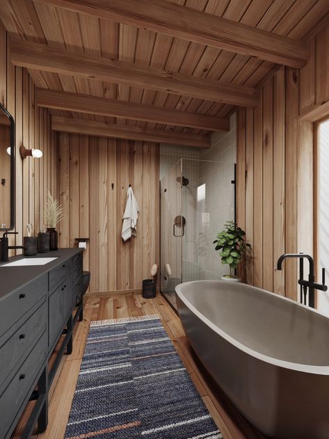 Sherwood - Oregon Homes Modern Log Home Interiors, Modern Cabin Bathroom, Modern Cabin Interior Design, Farm Style Bathrooms, Lodge Interior Design, Terrace Exterior, Log Cabin Interior Design, Oregon Homes, Modern Log Home