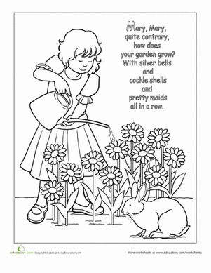 Preschool Fairy Tales Nursery Rhymes Worksheets: Nursery Rhyme Coloring: Mary, Mary, Quite Contrary Mary Mary Quite Contrary Activities, Poem Notebook, Nursery Rhymes Preschool Crafts, Nursery Rhyme Crafts, Preschool Poems, Mary Mary Quite Contrary, Best Nursery Rhymes, Rhymes Lyrics, Mary Quite Contrary