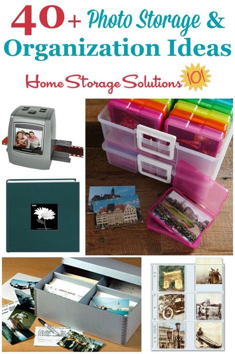 Over 40 photo storage and organization ideas you can use in your home, including for archival quality albums, binder pages, photo pens, storage boxes and bins, ways to store and organize negatives and slides, and even things to help you digitize photos, slides and negatives, as well as to store and display your digital photos (referral link) #PhotoStorage #PhotoOrganizers #OrganizePhotos Storage Ideas For Pictures, Pictures Organization Storage, Picture Album Storage Ideas, Best Way To Store Old Photos, Storage Ideas For Photo Albums, Photo Storage Organization, Storing Printed Photos, How To Organize Pictures Storage, Organizing Photos Storage