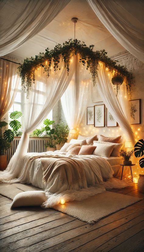 Canopy Bed Aesthetic Room, Hanging Lights Above Bed, Botanical Boho Bedroom, Vine Canopy Bedroom, Fairy Lights Above Bed, Bohemian Daybed, Cozy White Bedding, Boho Fairy Lights, Canopy Bed Aesthetic