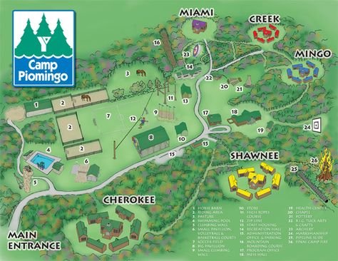 Map Illustration for YMCA Camp Piomingo by Luke Hattemer, via Behance Camping Area Design Plan, Summer Camp Layout, Camp Ground Ideas Animal Crossing, Bloxburg Summer Camp, Dnd Campsite Map, Summer Camp Map, Summer Camping Ideas, Outdoor Chapel, Ymca Summer Camp