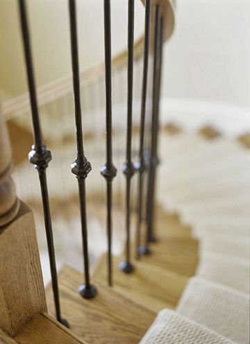 Stairway Railing Ideas, Stairway Railing, Banister Remodel, Wood Railings For Stairs, Indoor Railing, Metal Balusters, Vancouver House, Wrought Iron Stair Railing, Stair Rails