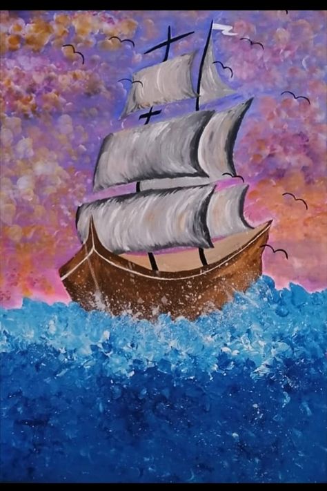 Ship Paintings Acrylic, Easy Ship Painting, Ship Paintings Simple, Boat Painting Easy, Boat Painting Ideas, Boat Painting Simple, Ship Painting Acrylic, Boat Art Painting, Sailboat Painting Acrylic