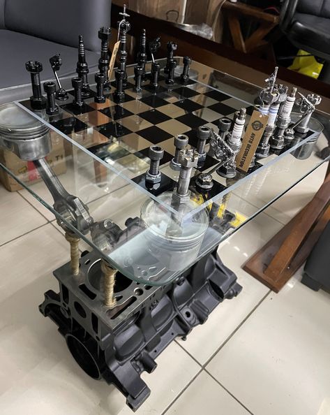 Title : Engine Table with Chess Set // Engine Block Table / Gearhead  / Man Cave / Personalized!      We produce decoration items from real car parts. Our products are clean and stainless. It will ship within 5-15 business days and will be delivered to your address between 1 and 3 days. Times are estimates, may come much faster. We are sure that it will add a different perspective to your home or workplace. ATTENTİON: Engine block may change. We choose the best for you. table glass is included i Engine Block Ideas, Engine Table Ideas, Engine Block Table, Man Cave Ideas Room, Engine Coffee Table, Mechanic Shop Decor, Classy Man Cave, Engine Table, Man Cave Pub