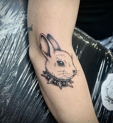 Funny Bunny Tattoo, Gothic Rabbit Tattoo, Cute Bunny Tattoo Ideas, Goth Rabbit Tattoo, Rabbit Flash Tattoo, Goth Bunny Tattoo, Bunnicula Tattoo, Bunny Stuffed Animal Tattoo, Creepy Bunny Tattoo