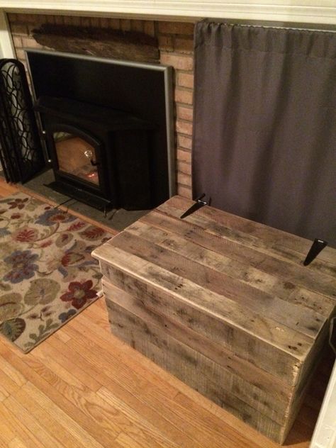 Rustic style woodbox constructed out of pallet wood reclaimed. Up Cycle. Firewood Box Ideas Indoor, Firewood Storage Box Indoor, Firewood Box Indoor, Firwood Storage Box, Box For Firewood, Wood Box Fireplace Firewood Storage, Fire Wood Storage Box, Indoor Wood Storage Box, Indoor Firewood Storage