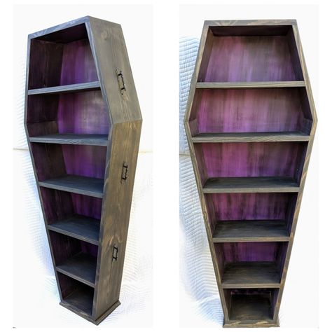 IG- eternalrestingplace Tattoo Shop Halloween Decor, Coffin Bookshelf Diy Plans, Bookshelf Diy Plans, Coffin Shelf Diy Plans, Coffin Shelf Diy, Coffin Bookcase, Coffin Bookshelf, Refurbish Ideas, Tattoo Shop Decor