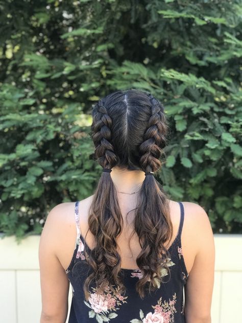 Dutch Braids With Curly Ends, Two Dutch Braids With Curls, Curly Hair Pigtail Braids, Braided Pig Tails Hairstyles, Pig Tails Curly Hair, Dutch Braids Pigtails, Braids Pulled Back, Pig Tail Braids, Dance Team Hair