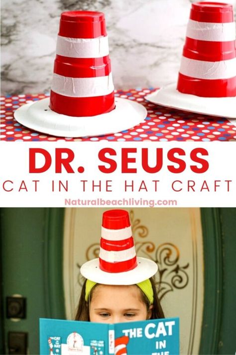 This Dr Seuss Cat in the Hat Craft is really fun to make! All you need are a few simple supplies to get started and you'll have fun Dr. Seuss Party Ideas! Make a Dr. Seuss Solo Cup Hat Craft for Dr.Seuss' Birthday. Add this craft to your Dr Seuss Activities Dr Seuss Cat In The Hat, Cat In The Hat Outfit For School, Dr Seuss Hats, Dr Suess Hat Diy, Cat In The Hat Hat, Dr Seuss Hat Craft, Diy Dr Seuss Hat, Cat In The Hat Craft, Dr Suess Hats