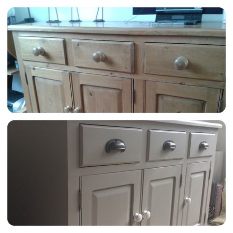 Weekend project - old pine sideboard, one coat of undercoat, two coats of farrow & ball estate eggshell charleston grey paint, light sand to give a slightly distressed look, cup handles & new crackle glaze knobs (happy) Pine Sideboard Upcycle, Repainting Bedroom Furniture, Painting Pine Furniture, Shaker Siding, Sideboard Ideas, Sideboard Upcycle, Paint Shakers, Pine Sideboard, Gray Chalk Paint