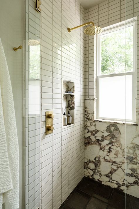 This Cool Teen Bathroom Features Bold Marble in 5 Different Spots Viola Marble Bathroom, Panelled Bathroom, Honed Marble Floor, Primary Bathrooms, Glass Blocks Wall, Teen Bathrooms, Luxe Bathroom, Calacatta Viola, Neutral Bathroom