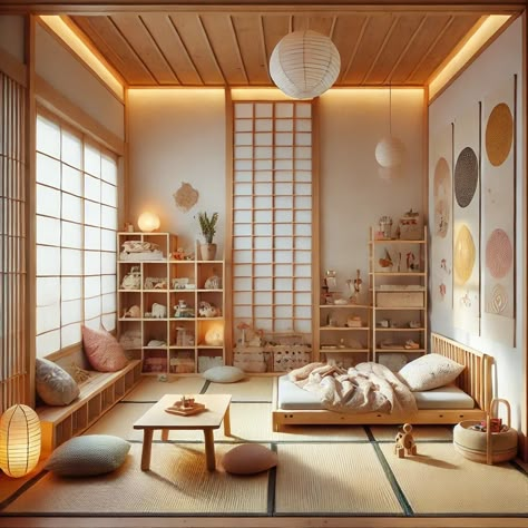 Today we are delving into the Asian interior style. This topic will be equally intriguing to both artists and art enthusiasts. This aesthetic developed under the influence of various Asian countries. However, I would like to focus more on the style that particularly resonates with me — Japanese style. This approach is deeply rooted in Japanese history and culture, where Zen Buddhism and the Wabi-Sabi philosophy have had a profound influence. Zen, with its emphasis on simplicity and mindfu... Asian Inspired Nursery, 70s Renovation, Kotatsu Aesthetic, Japanese Kids Room, Japanese Nursery, Japandi Bedroom Design, Japan Room, Japandi Bedroom, Tatami Room