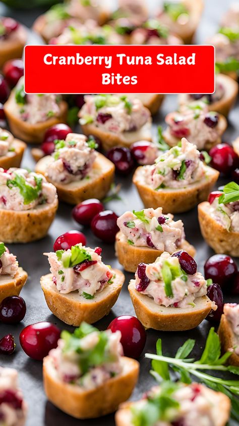 Enjoy a burst of flavor with these delightful Cranberry Tuna Salad Bites! 🐟🍇✨ This refreshing twist on traditional tuna salad combines flaky tuna, sweet cranberries, crunchy celery, and a hint of creamy dressing, all served in bite-sized portions. Perfect for parties, appetizers, or a light lunch, these tasty bites are easy to make and sure to impress your guests.#CranberryTunaSaladBites #AppetizerIdeas #HealthySnacks #TunaSalad #PartyFood Salad Bites, Ultimate Cookies, Creamy Dressing, Family Friendly Dinners, Recipes Chocolate, Cookies Recipes, Tasty Bites, Light Lunch, Tuna Salad