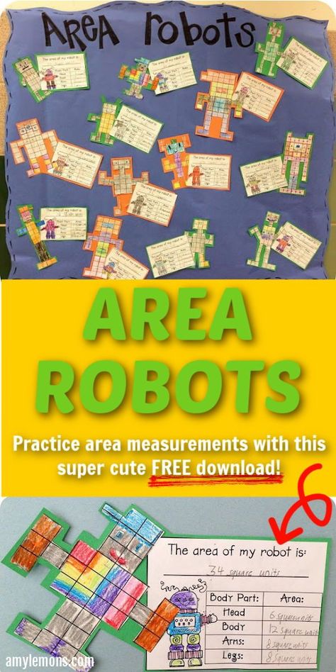 These FREE download area robots from Amy Lemons are a super cute way to math to your students. They are fun, and the kids can color their robots. There is also a sheet where your students tell how many boxes of the grid papers make up the different parts of their robot. These area robots were a hit in my math class, especially with the boys. 3rd Grade Math Crafts, Math Activities For Elementary Students, Math Club Activities Elementary, Area Activities 3rd Grade, Area Math Activities, Surface Area Activities, Robot Activities, Flamingo Drawing, Robot Activity