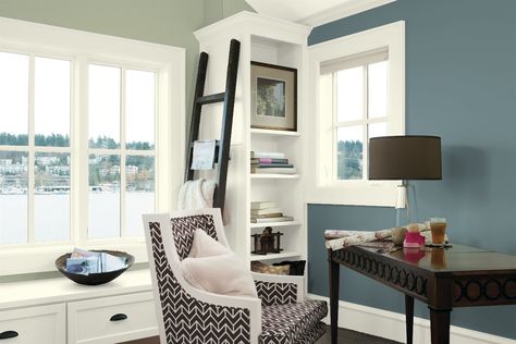 Benjamin Moore Left Wall-Weekend Getaway Right wall-Wetherburn's Blue Trim & Ceiling-Old Prairie Home Office Paint Ideas, Green Wall Paint Colors, Brick House Colors, Office Wall Colors, House Painting Tips, Exterior Paint Schemes, Office Paint Colors, Color Combinations Paint, Home Office Colors